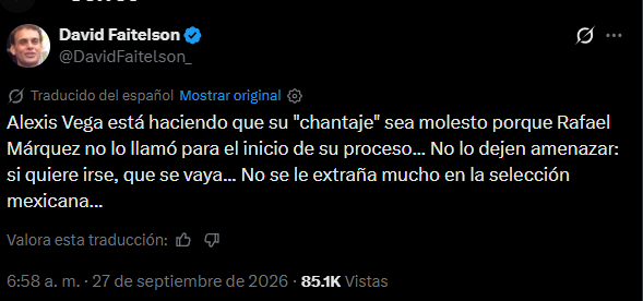 Faitelson tacha de 'chantaje' declaraciones de Alexis Vega por posible renuncia al Tri 1 Captura de pantalla 2026 09 27 104832