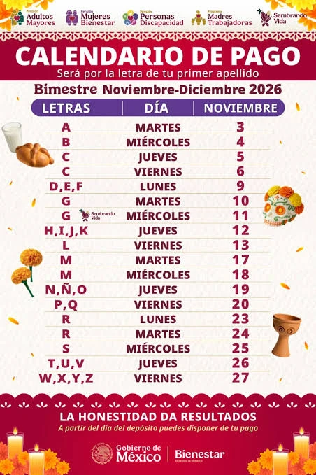 Inicia calendario de pagos de Pensiones del Bienestar para noviembre 1 Calndario bienestar noviembre 2026