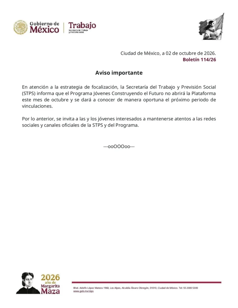 Comunicado STPS Jovenes constriyendo