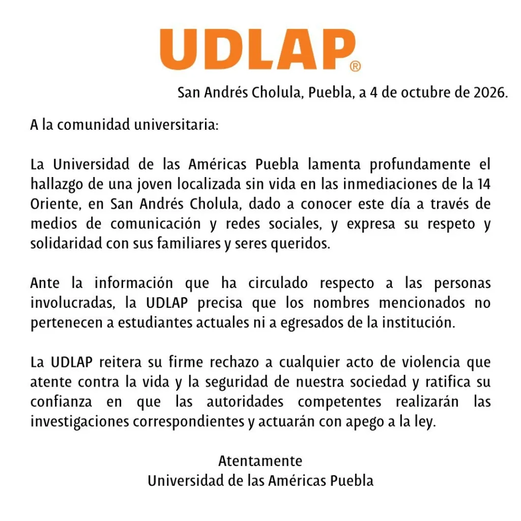 Comunicado UDLAP caso Maria Fernanda