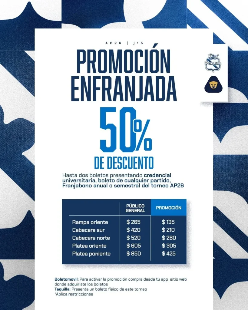 Club Puebla vs Pumas Apertura 2026: ¡Lanzan ofertón con 50% de descuento en boletos!